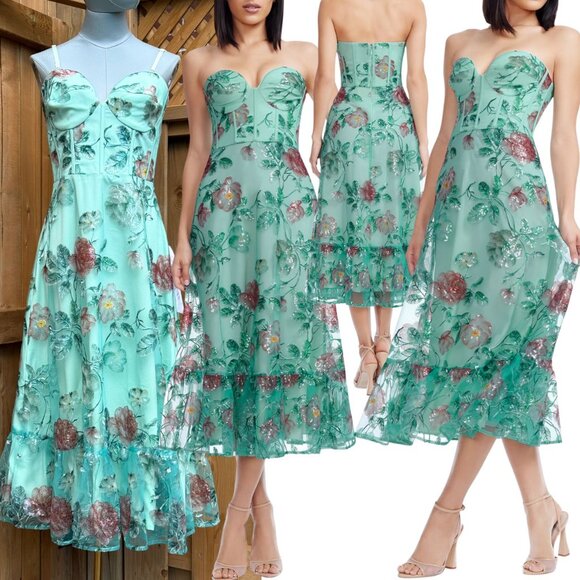 🆕 DRESS THE POPULATION 🧿 NWOT Lauren Floral Sequin Midi Dress, Sage - Sz M